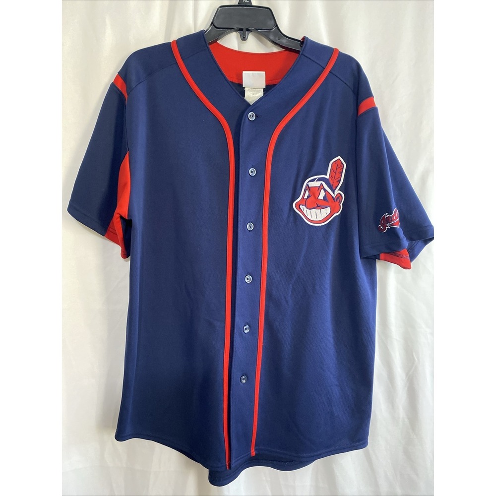 Majestic Cleveland Indians Baseball Jersey Mens XL Blue Excellent‎ Chief Wahoo